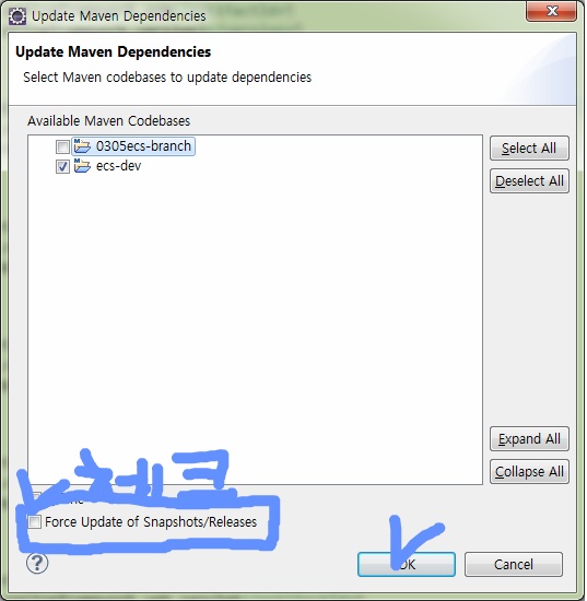 문제 해결 : 프로젝트 우클릭 > Update Maven Dependencies 실행 > Force Update of Snapshots/Release 체크 후 확인